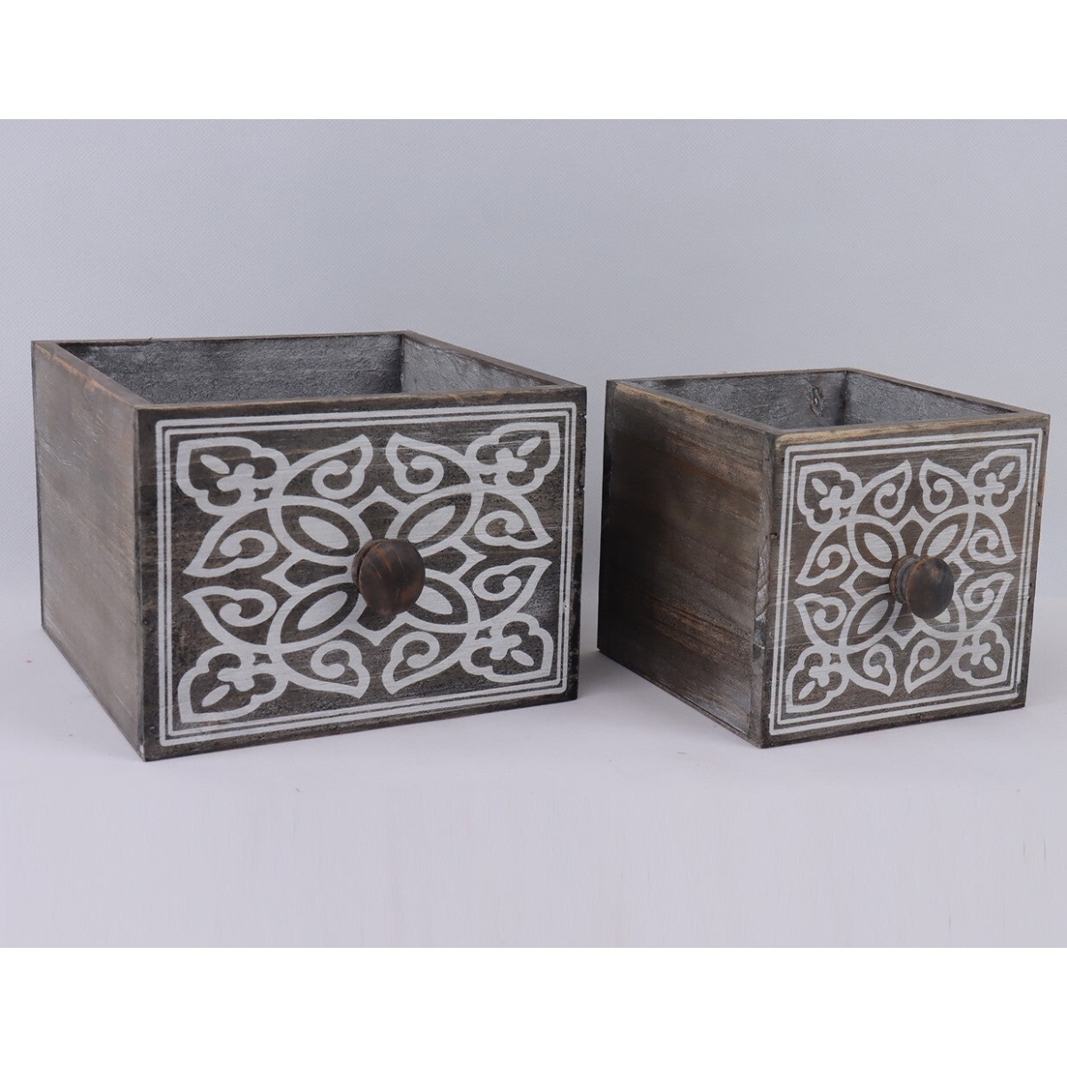 AI-2233-327 Set Of 2 Drawer Shape Blackwashed With White Print Pattern Boxes