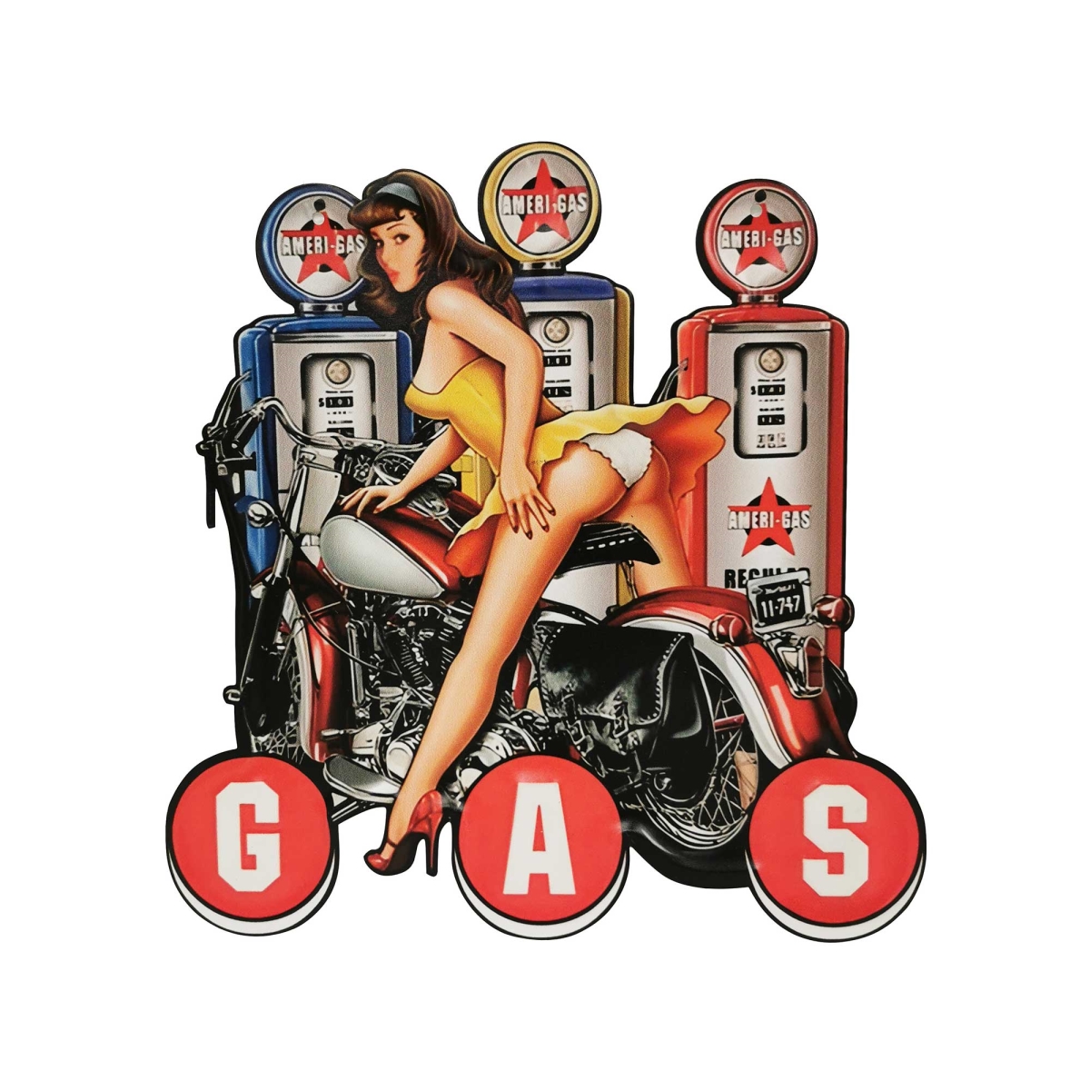 BM-JD1816 Vintage Era Gas Pumps With Pin Up Girl On A Motorbike Sign
