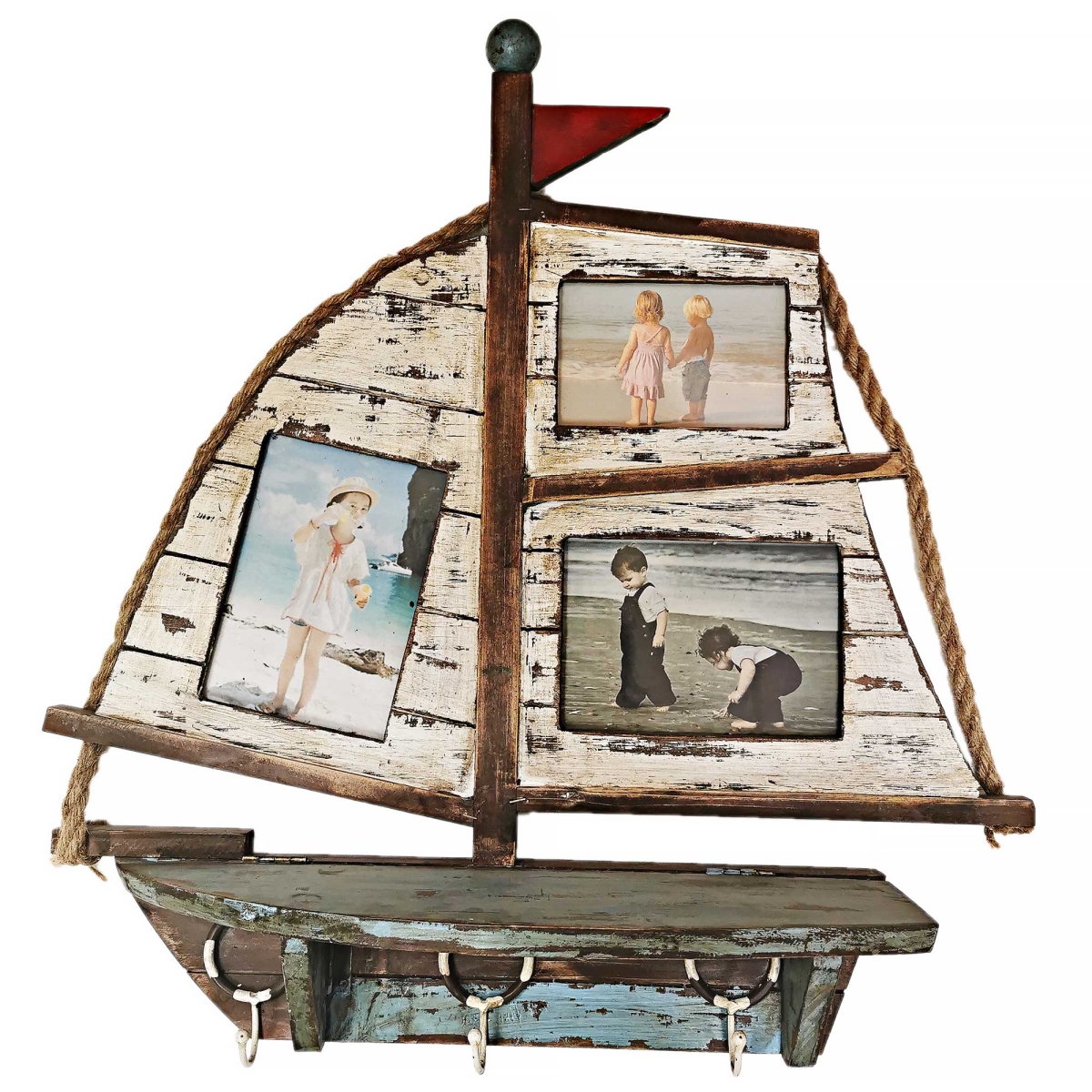 BM-WA0911 Rustic Boat With Photo Frame Sail Ledge And Triple Wall Hook
