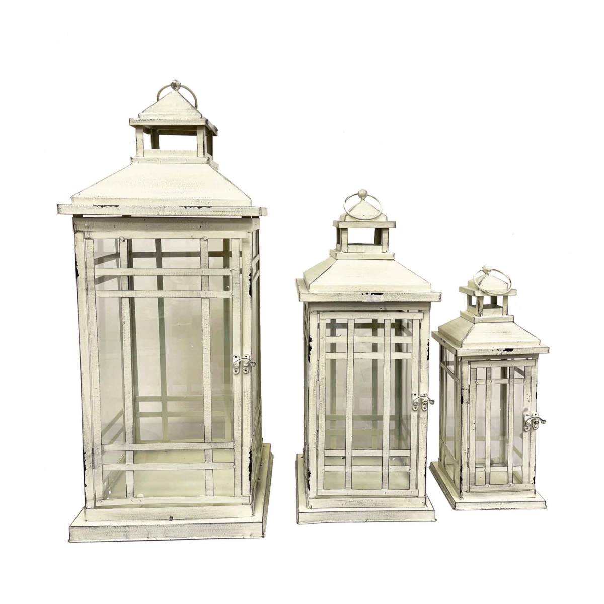 BM-HD3303 Set Of 3 Distressed White With Handles Lanterns