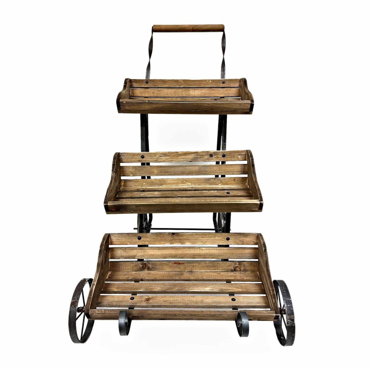 BM-WA3007 Rustic Tiered With Handle On Wheels Plant Stand