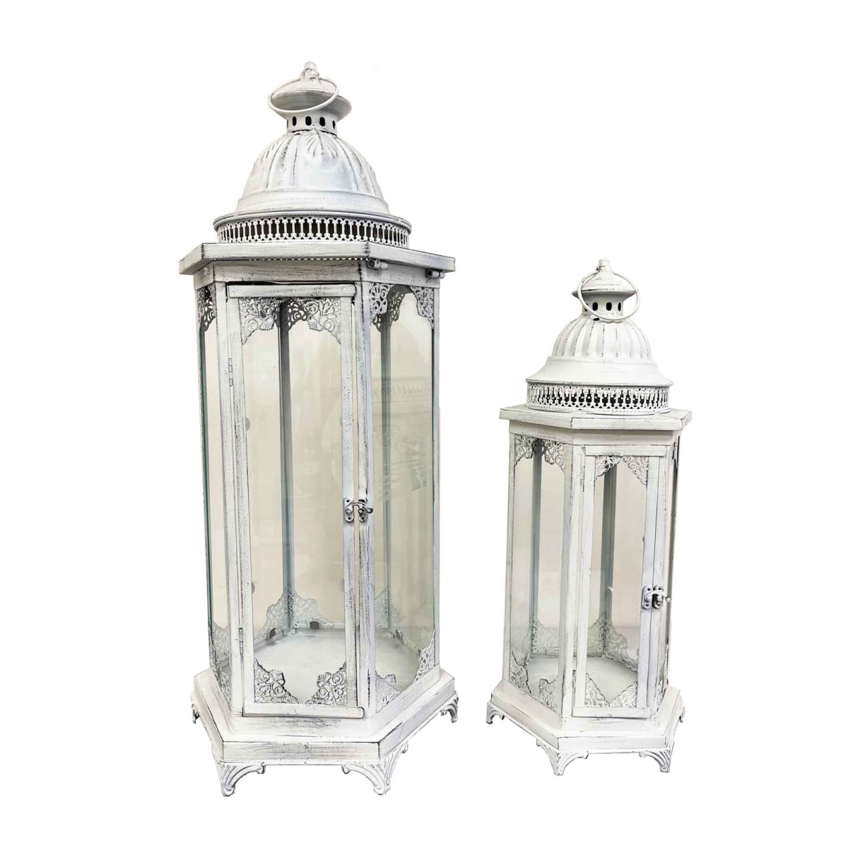 BM-HD3309 Set Of 2 Distressed White With Handles Lanterns