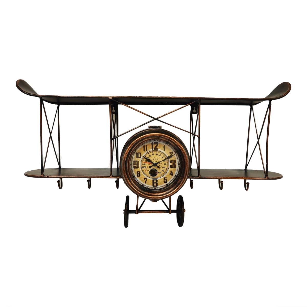 BM-TC1985 Distressed Look Vintage Biplane With Wings Shelf With Hooks Wall Clock