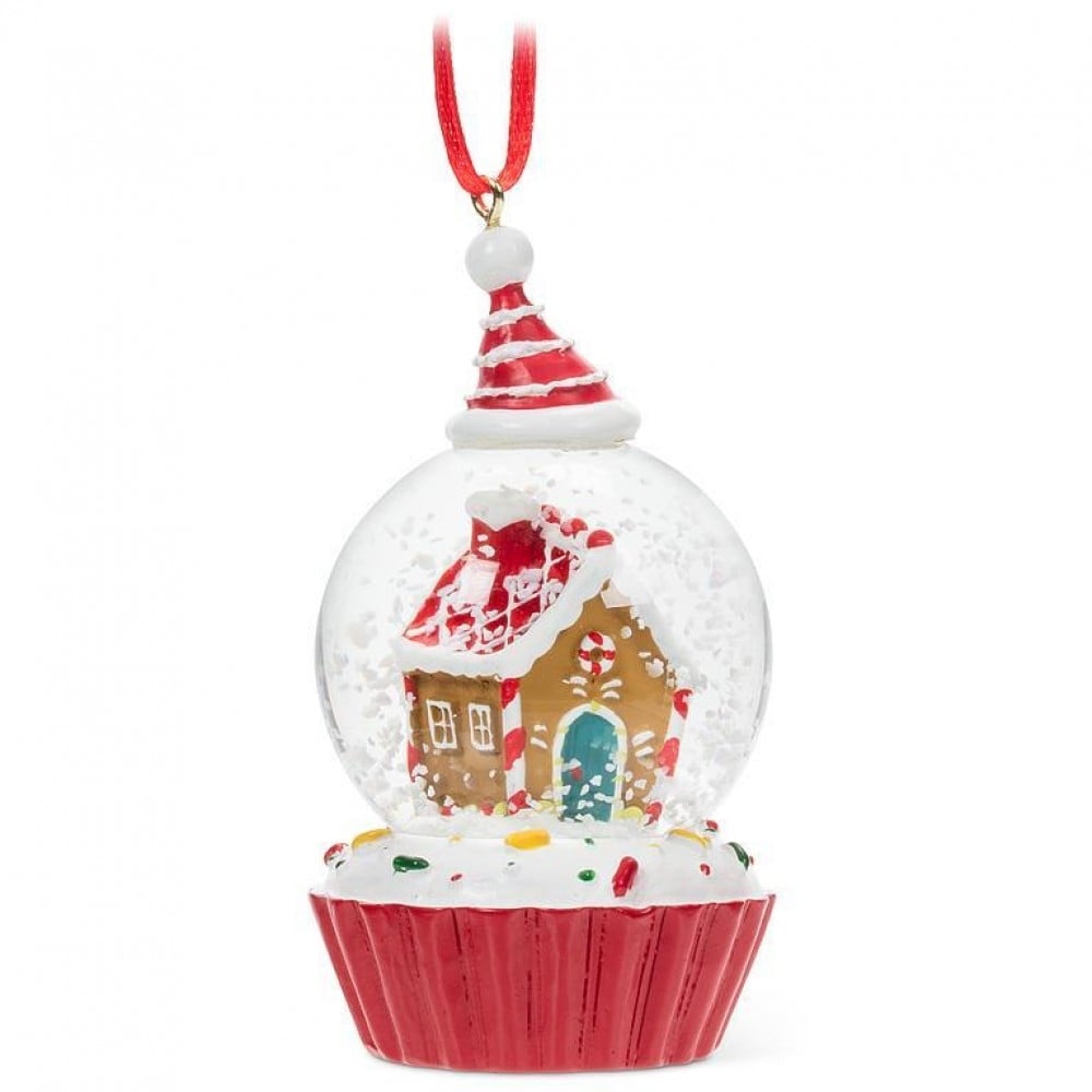 AB-27-SHAKE-1633-ORN Candy House Snow Globe On A Cupcake Ornament
