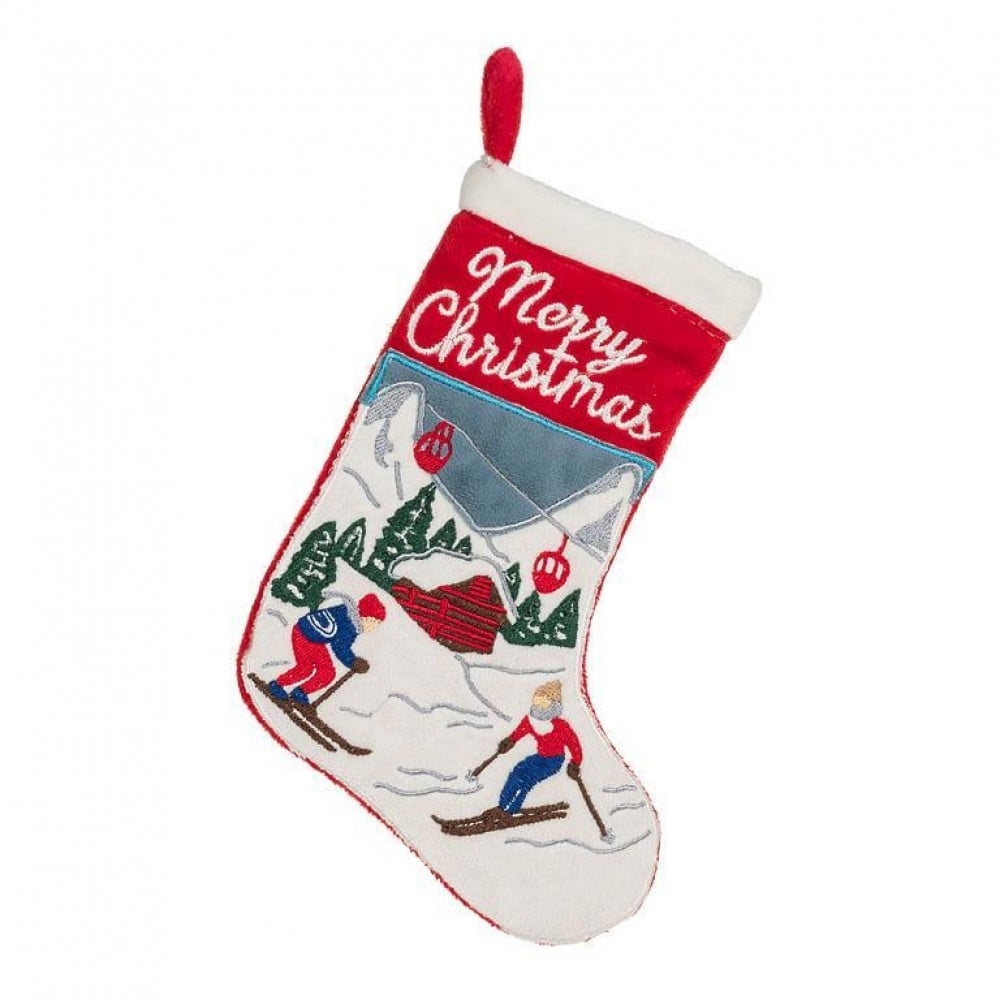 AB-93-STITCH-049 Merry Christmas Skiing Scene Small Stocking Ornament