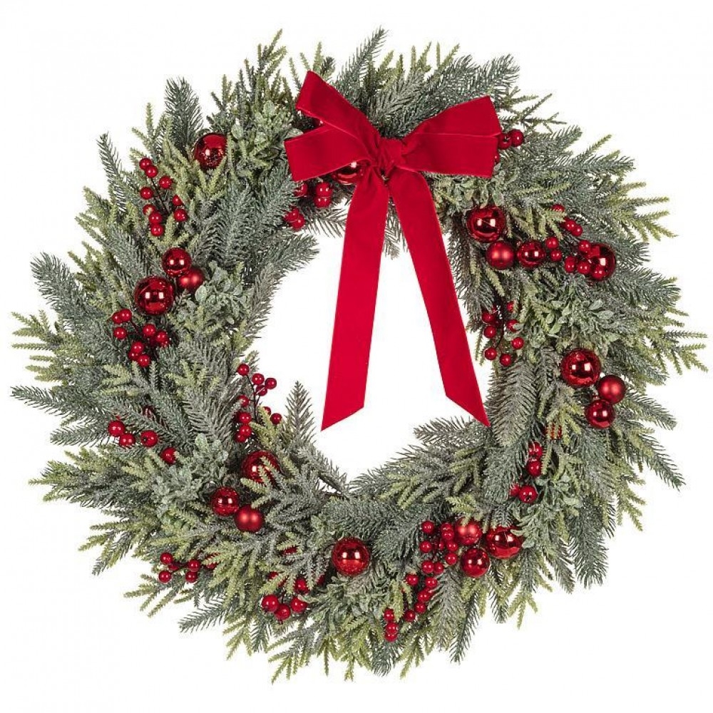 AB-27-FARNHAM-036 Large Glitter Pine Boughs- Berries- Ball And Bow Wreath