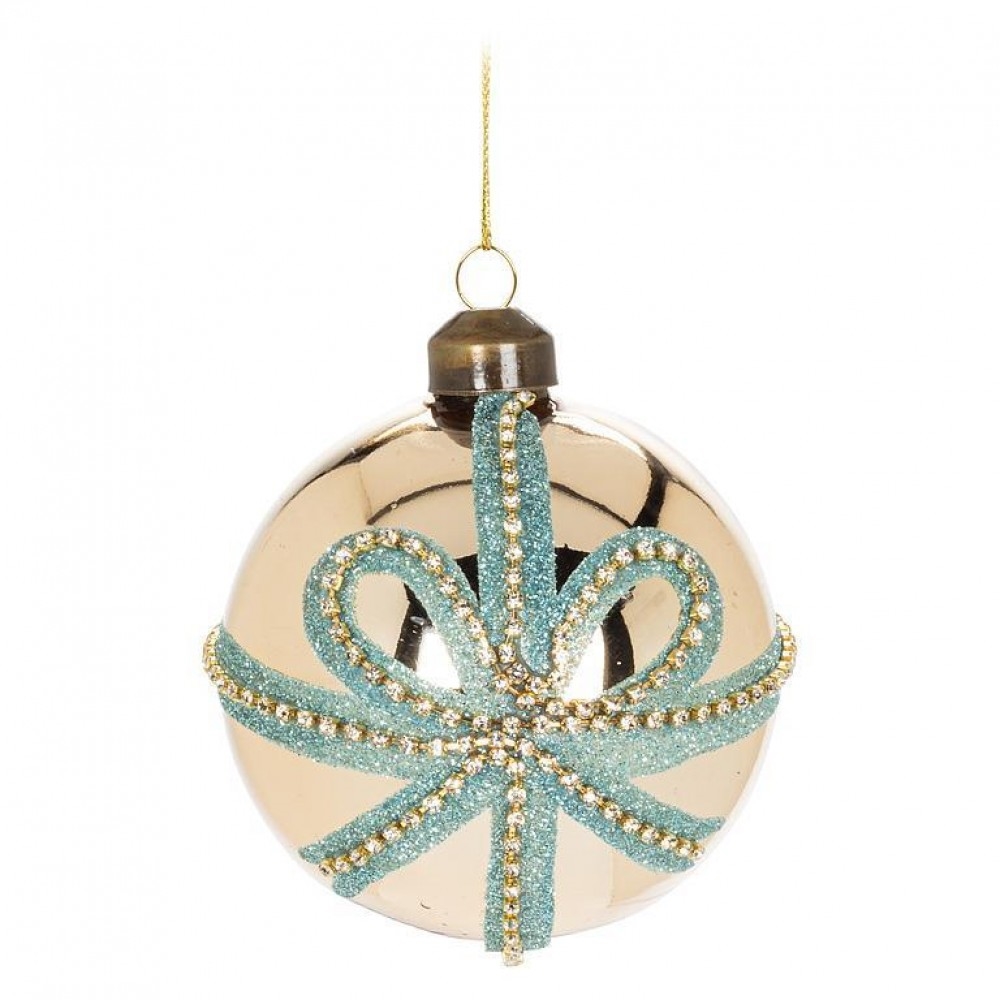 AB-15-BALL-061 Glossy Gold With Sparkly Blue Bow Ball Ornament
