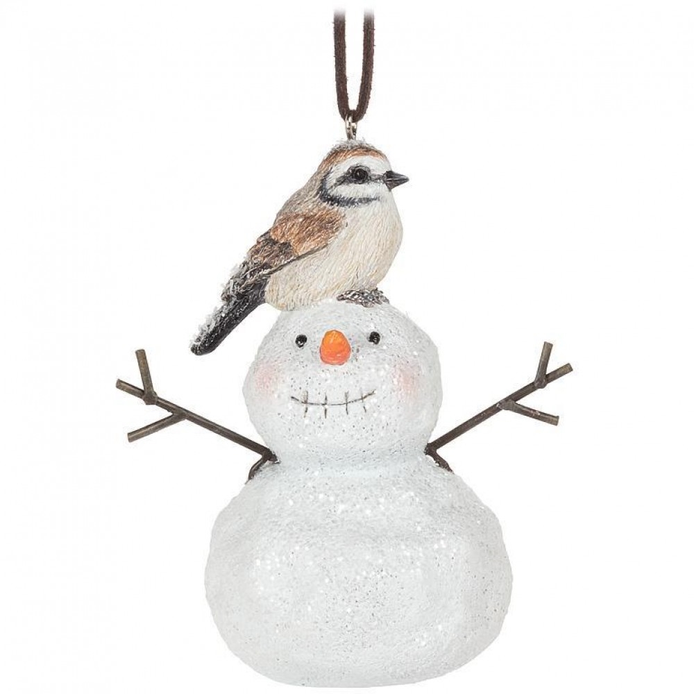AB-27-BACKYARD-318 Bird Sitting On A Snowman Ornament