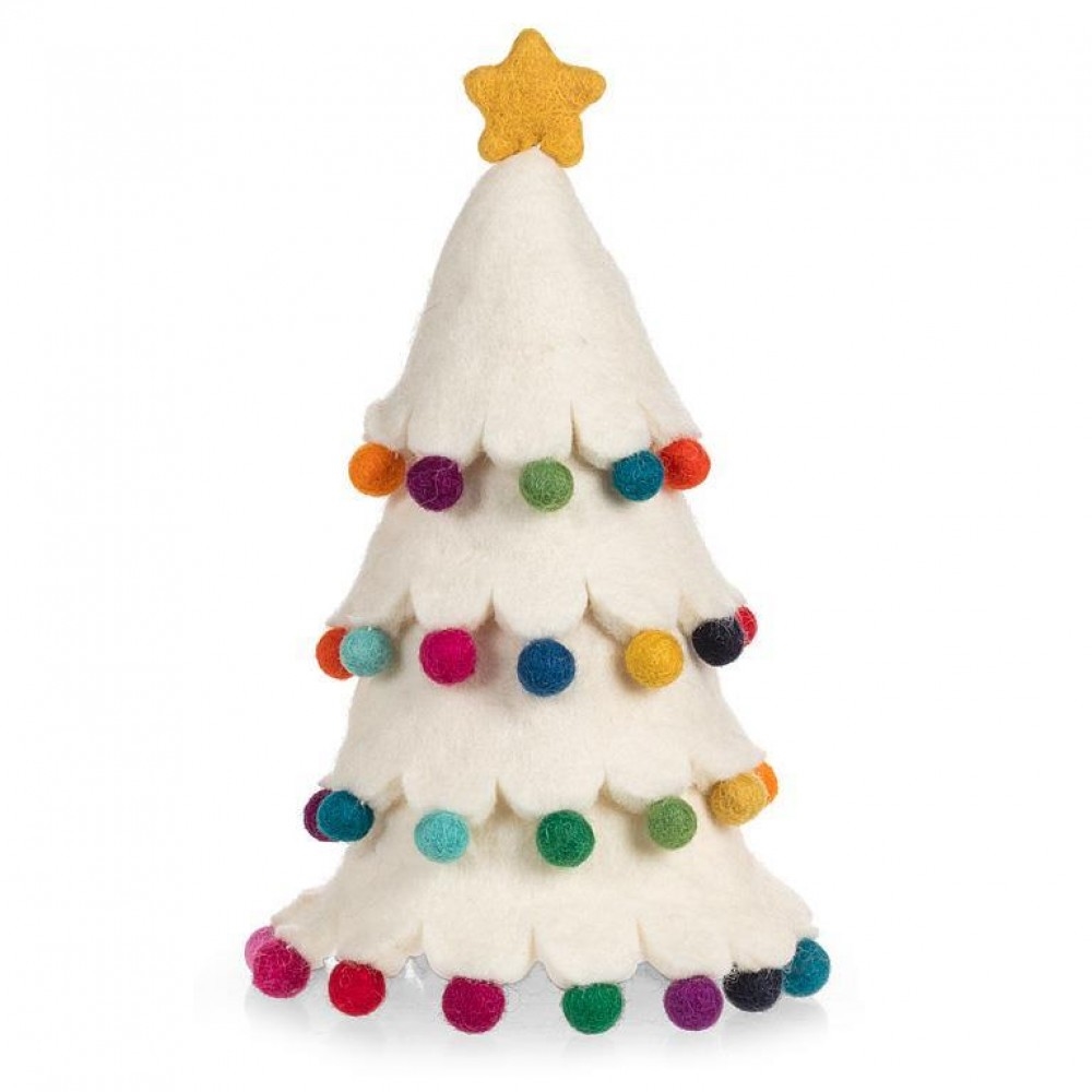 AB-28-NEPAL-104 White Tree With Pompom Trim Tree Topper