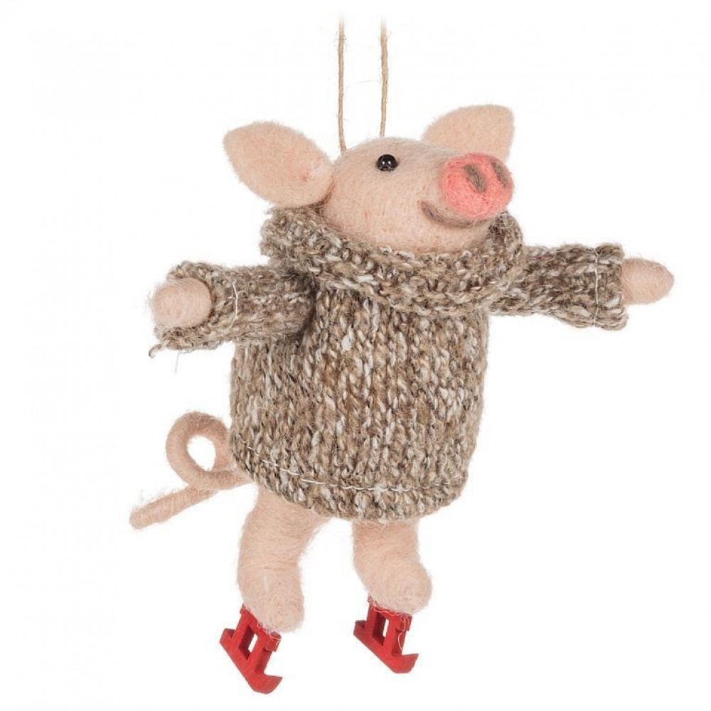 AB-27-MERINO-395 Skating Pig Wearing A Sweater Ornament