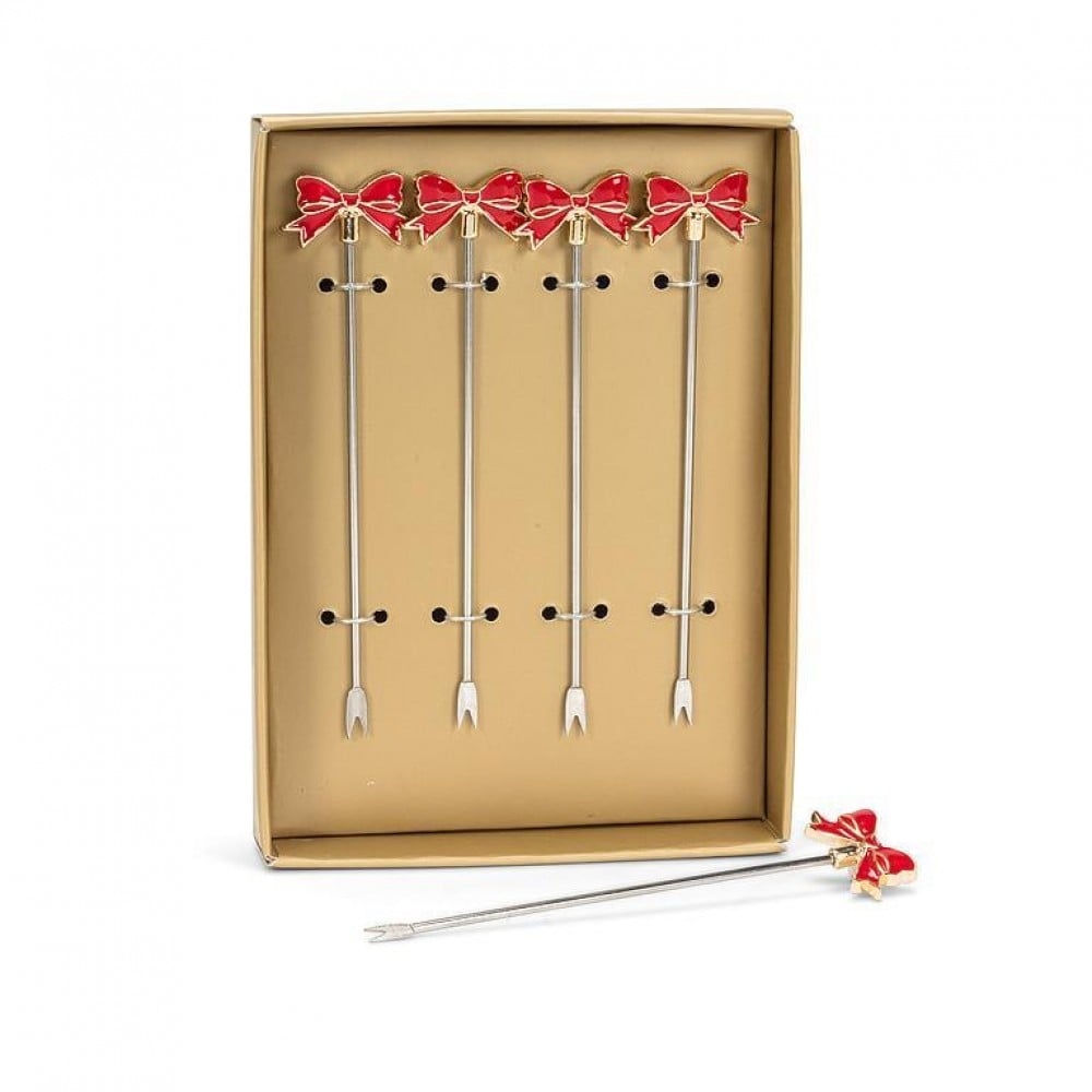 AB-27-PICK-090 Set Of 4 Red Bow Cocktail Pick