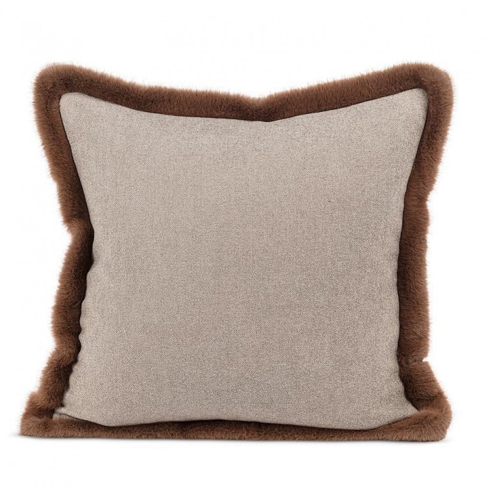 AB-27-SIBERIA-718 Gray With Brown Fur Trim Square Pillow