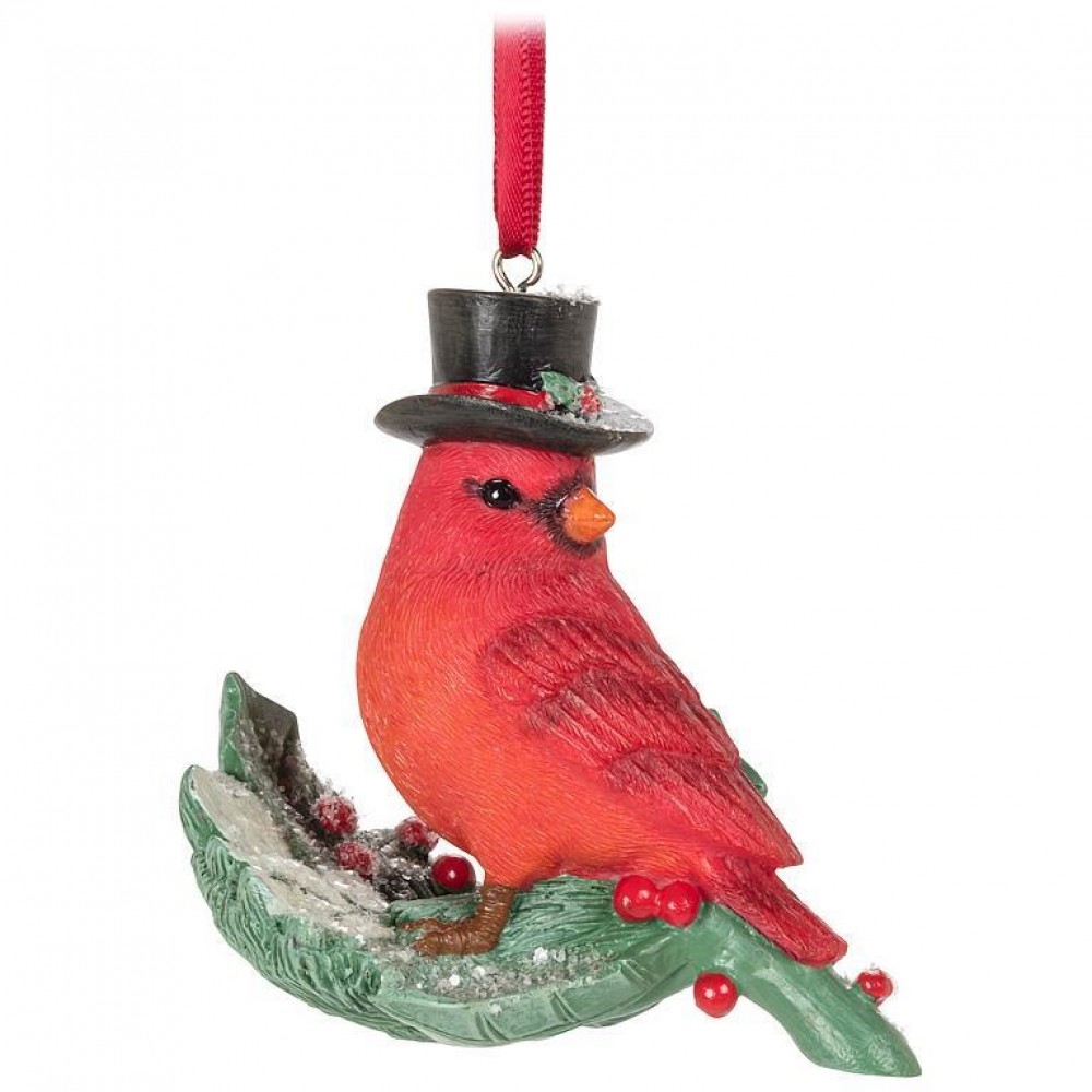 AB-27-BACKYARD-250 Cardinal Wearing A Top Hat On A Holly Leaf Ornament