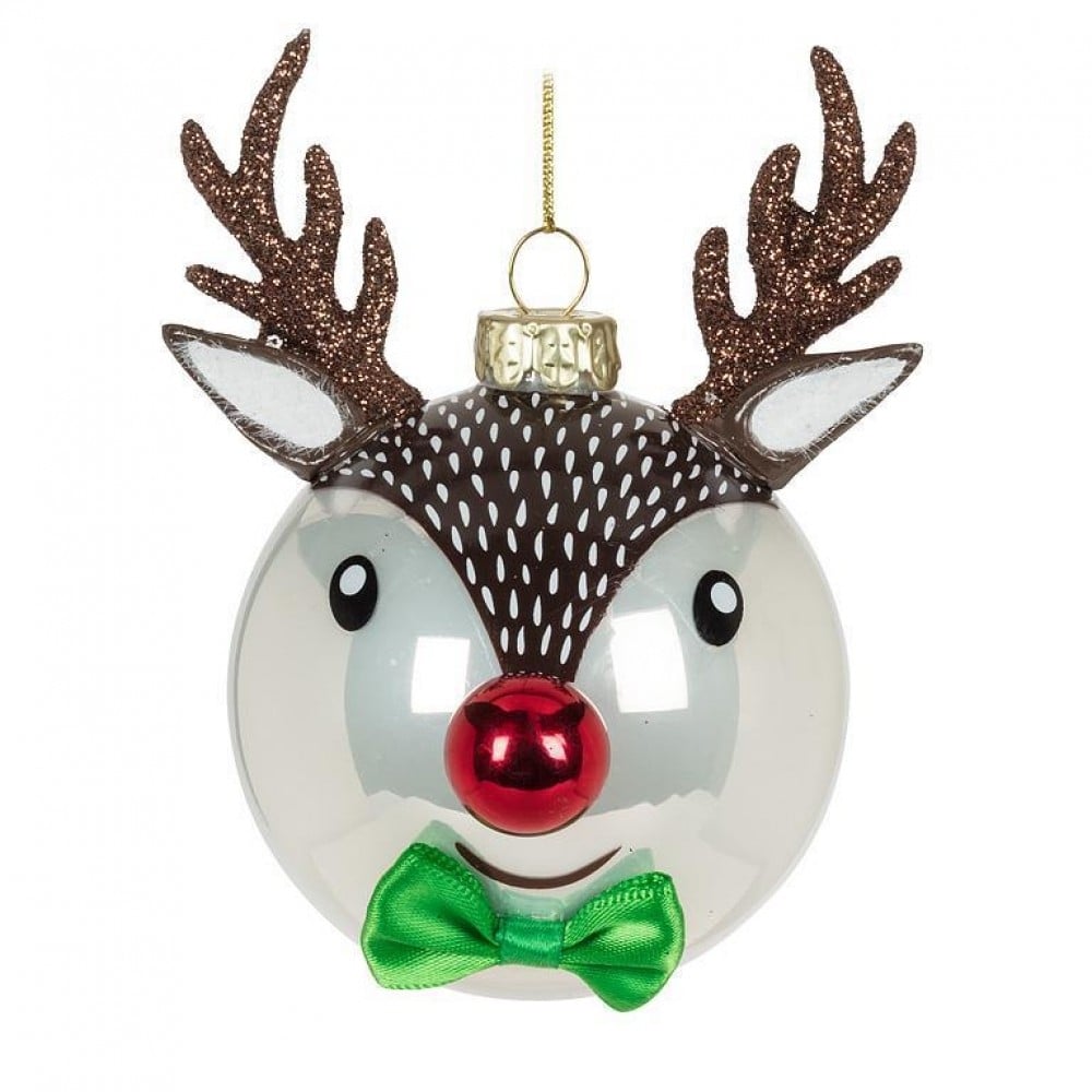 AB-18-WHIMSY-RUDOLPH Reindeer Face With Green Bow Ornament