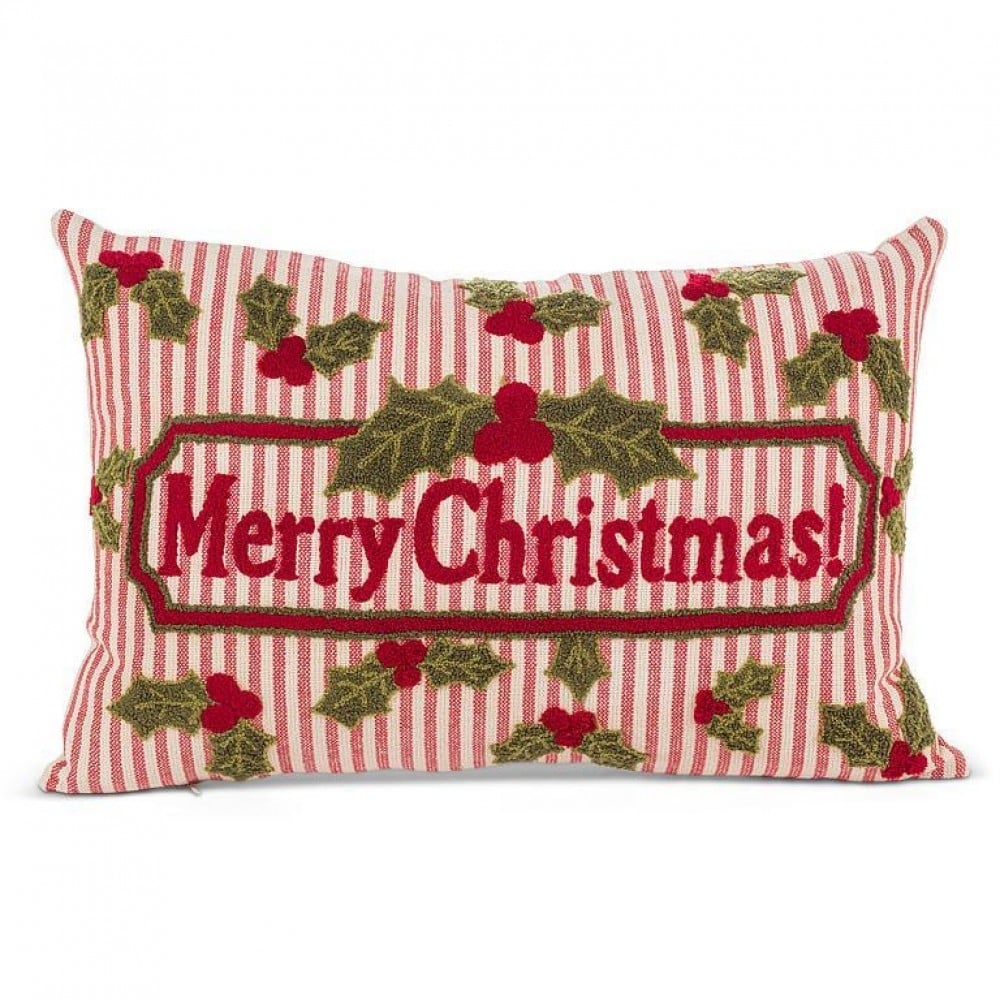 AB-50-TICKING-RECT-13 Merry Christmas With Holly And Stripes Rectangle Pillow