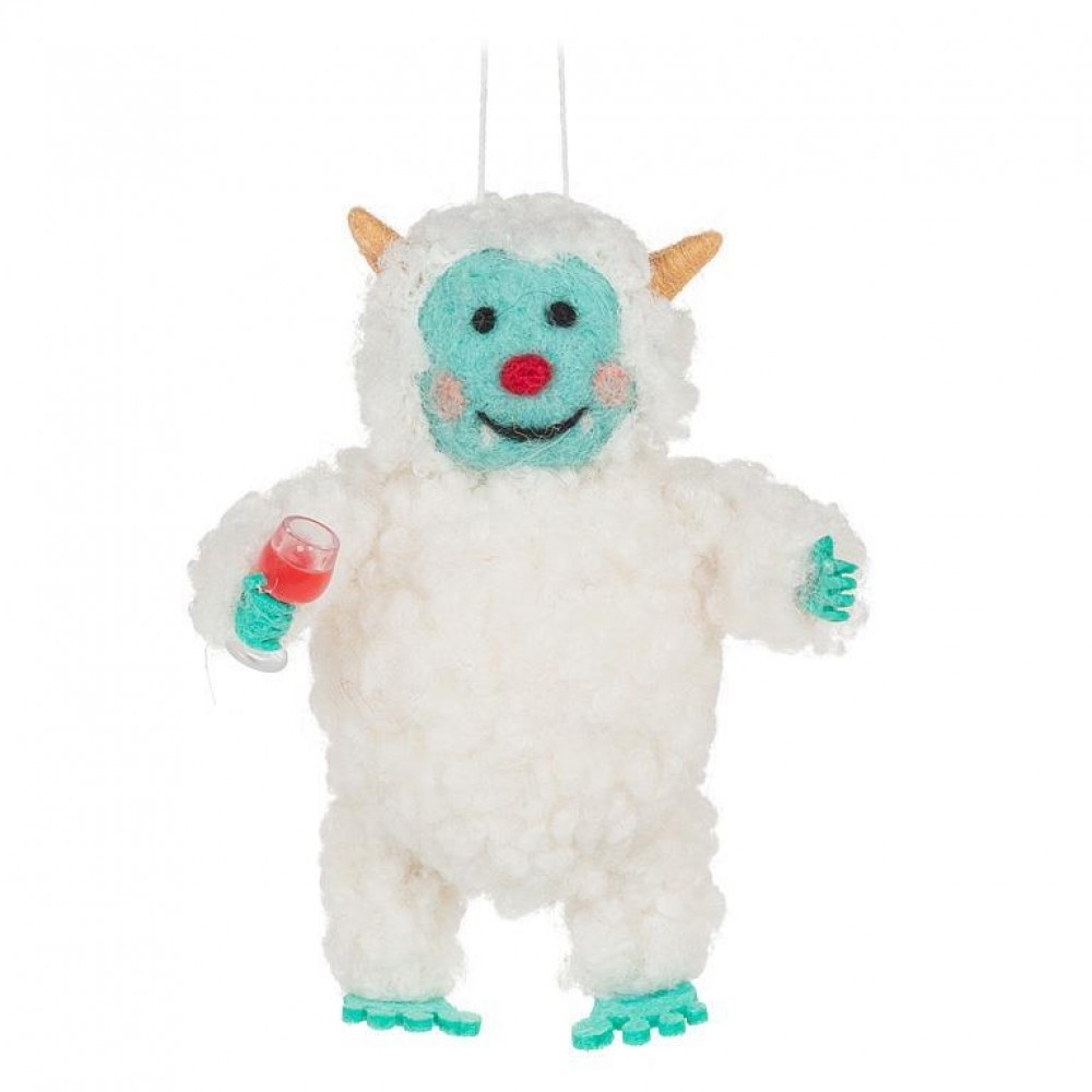 AB-27-MERINO-317 Yeti Holding A Wine Glass Ornament