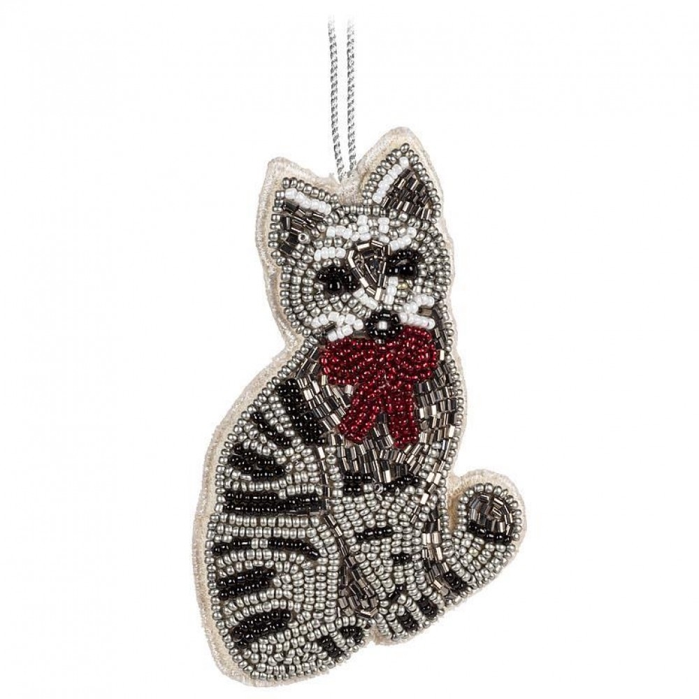 AB-41-KEEPSAKE-684 Beaded Cat With A Bow Ornament