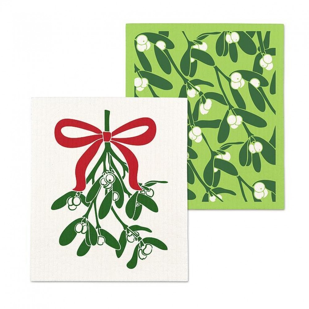 AB-84-ASD-MISTLETOE Set Of 2 Mistletoe And Bow Pattern Dishcloth