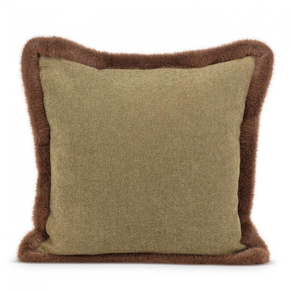 AB-27-SIBERIA-189 Moss Green With Brown Fur Trim Square Pillow
