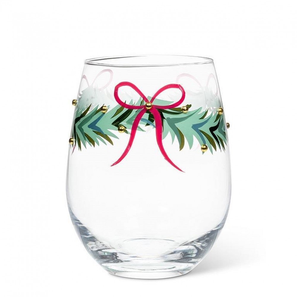 AB-27-CLARA-SG Wreath With Ribbon And Beads Pattern Stemless Wine Glass