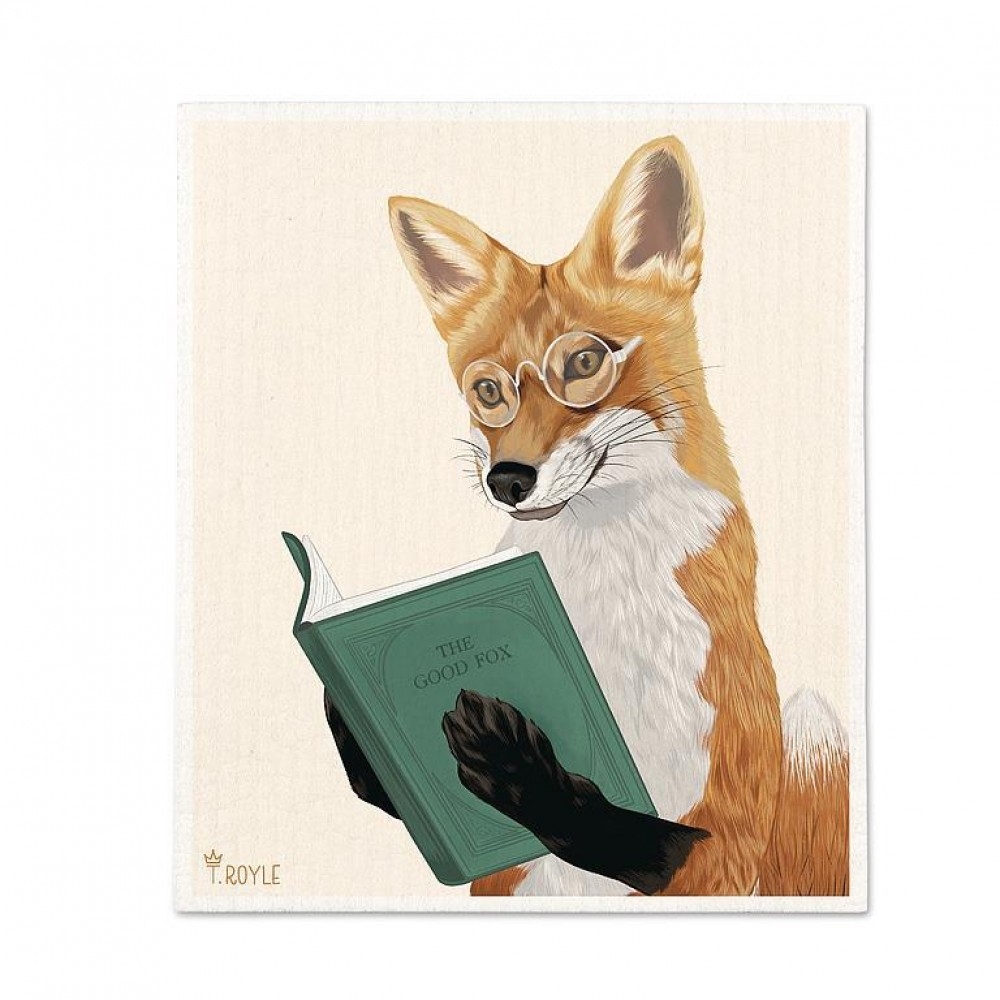 AB-20-ASD-FOX-BOOK Fox Wearing Glasses Reading A Book Dishcloth