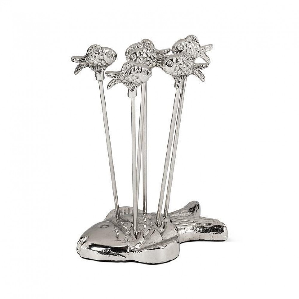 AB-36-MINNOW-PICK Set Of 6 Fish Picks And Fish Shaped Holder
