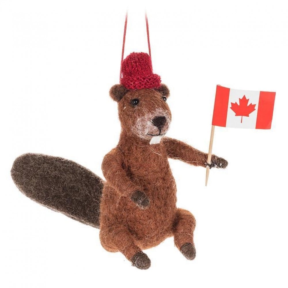 AB-27-MERINO-027 Beaver With Hat And Flag Ornament