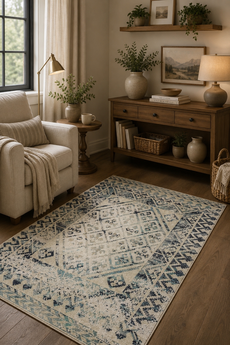 VA-PPL-69-C1484 6ft x 9ft Rug Sparx Medallion Blue Distressed With Diamond Pattern Rug
