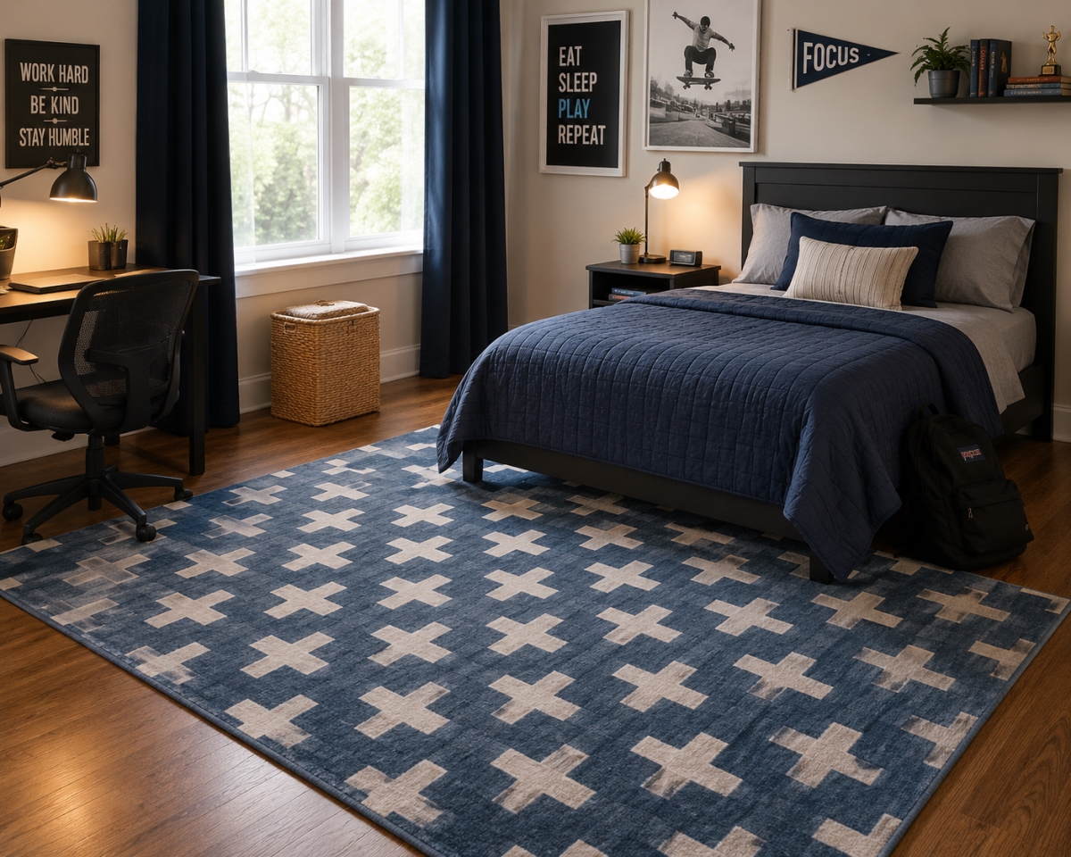 VA-TOUK-46-52 4ft x 6ft Rug Dreamland Kids- Blue With Crosses Rug