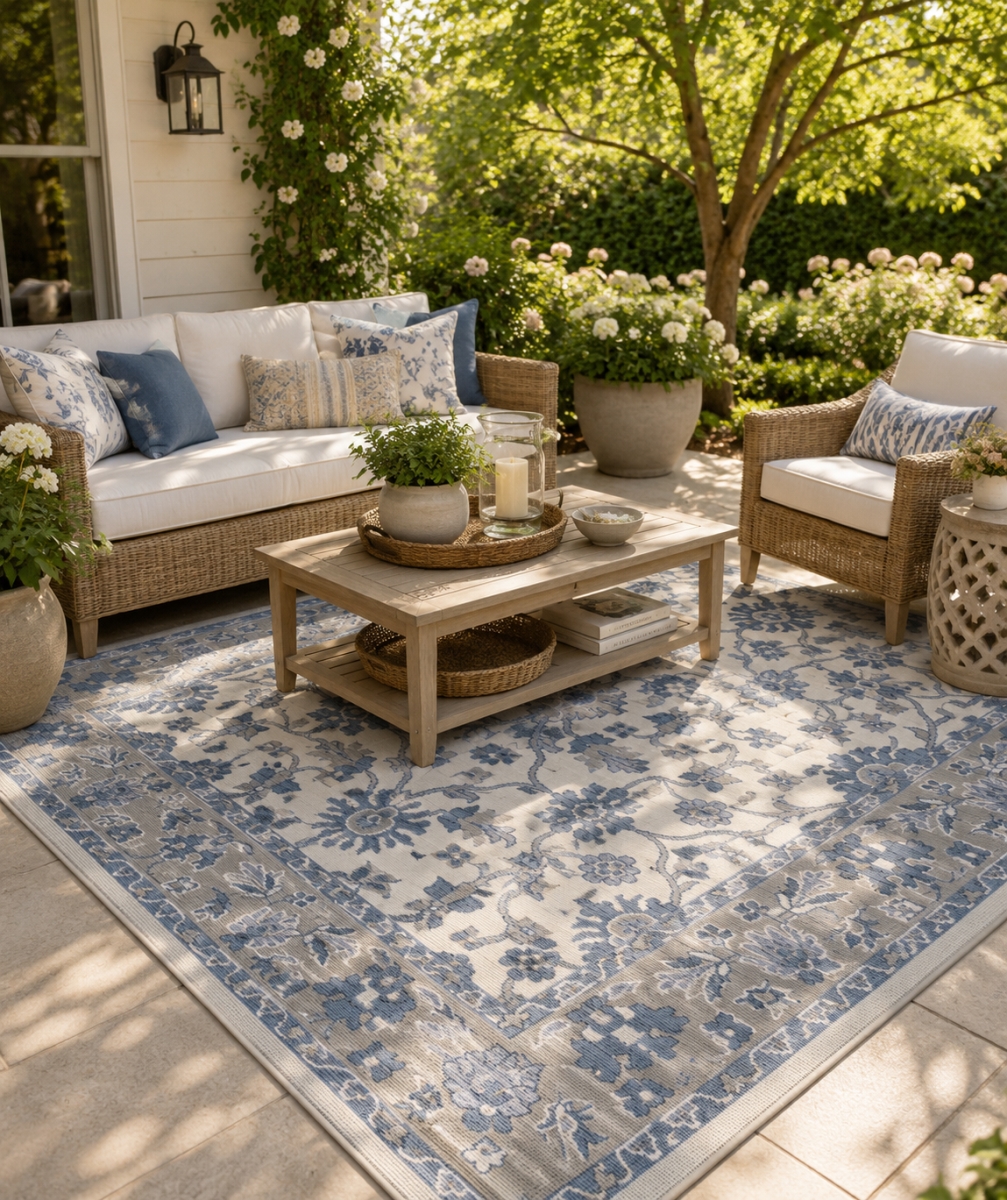 VA-MARB-79-430 6ft6' x 9ft Rug Marbella Thinking Of Blue Pattern Outdoor Rug