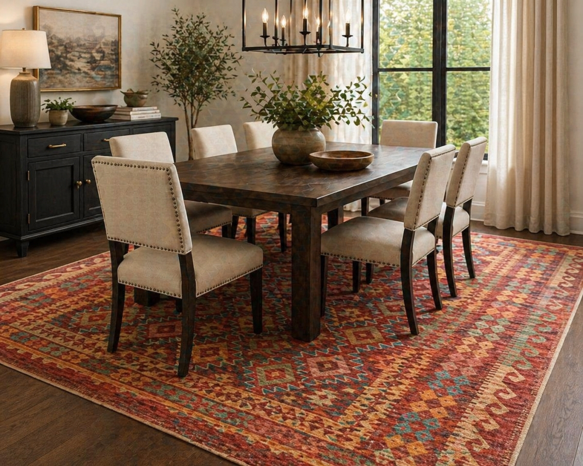 VA-AUR-69-1479 6ft6' x 9ft Rug Aura Washable Spill Proof Red Multi Area Rug