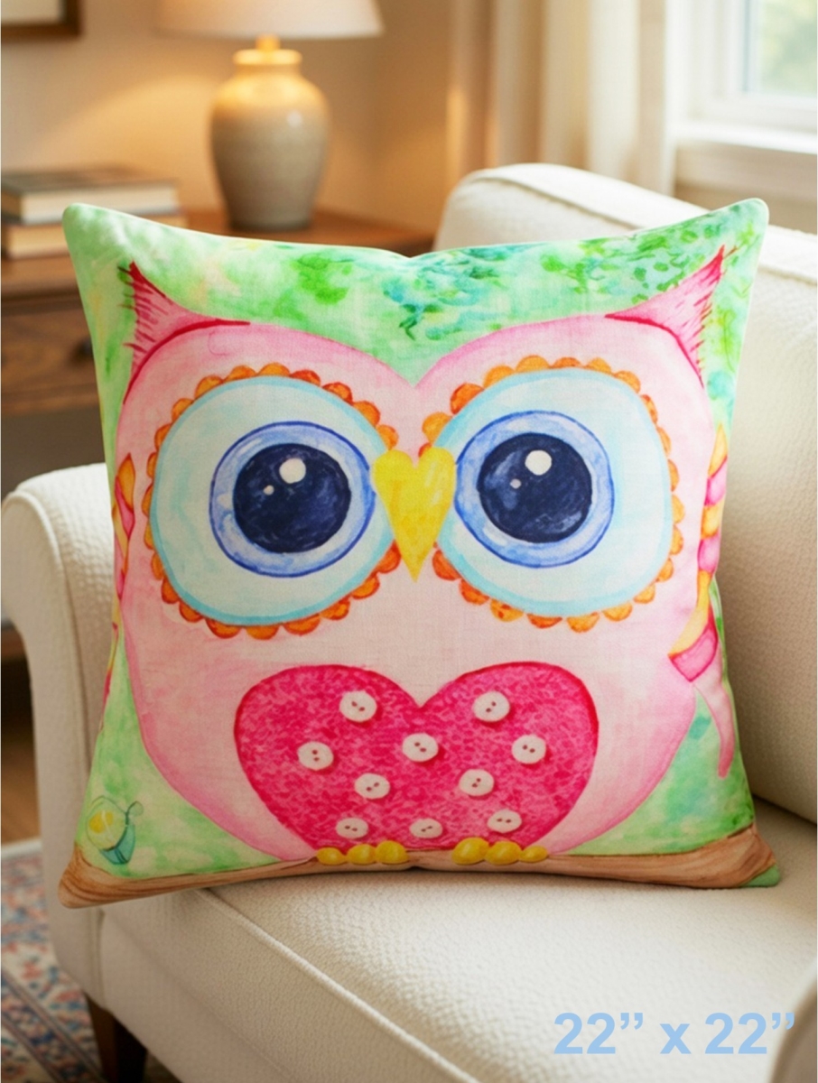 GC-CF1013L-12 Colourful Owl With A Heart And Buttons Pillow