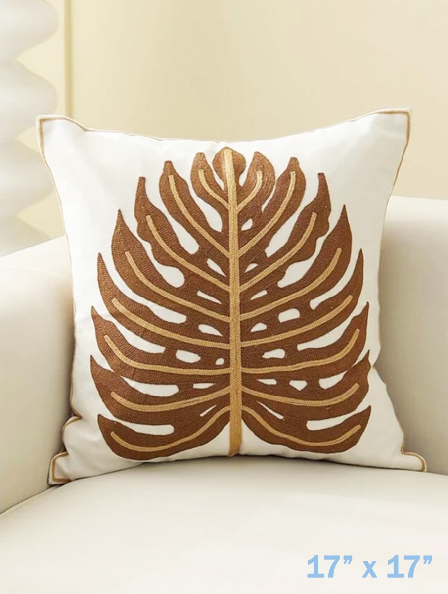 GC-CF1044-01BRN Embroidered Leaf On White Pillow