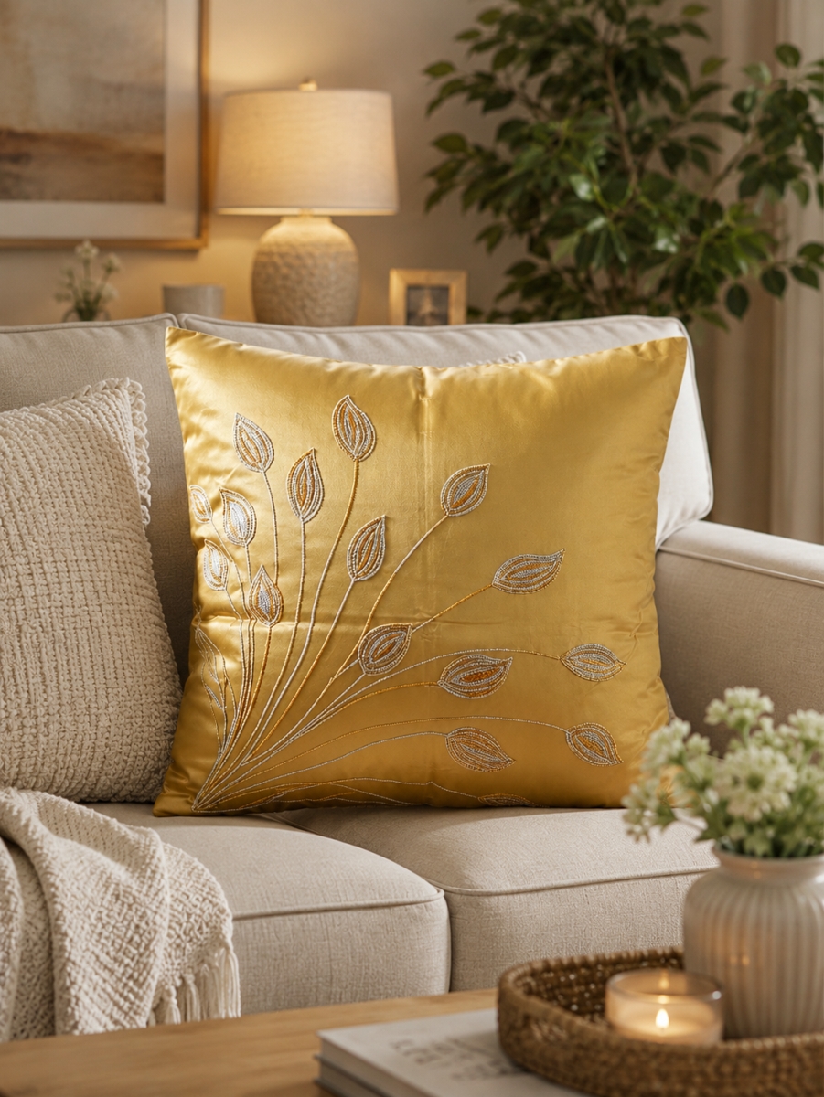 GC-CF075-6CRM Swaying Leaves On Gold Pillow