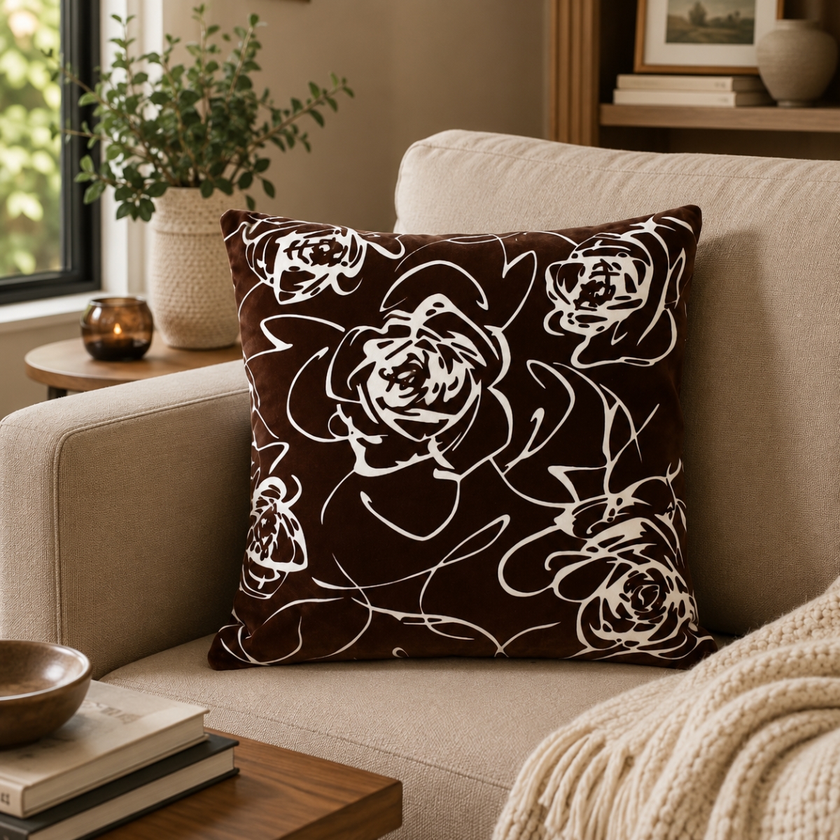 GC-CU050-2 BRN White Roses On Brown Cushion Cover