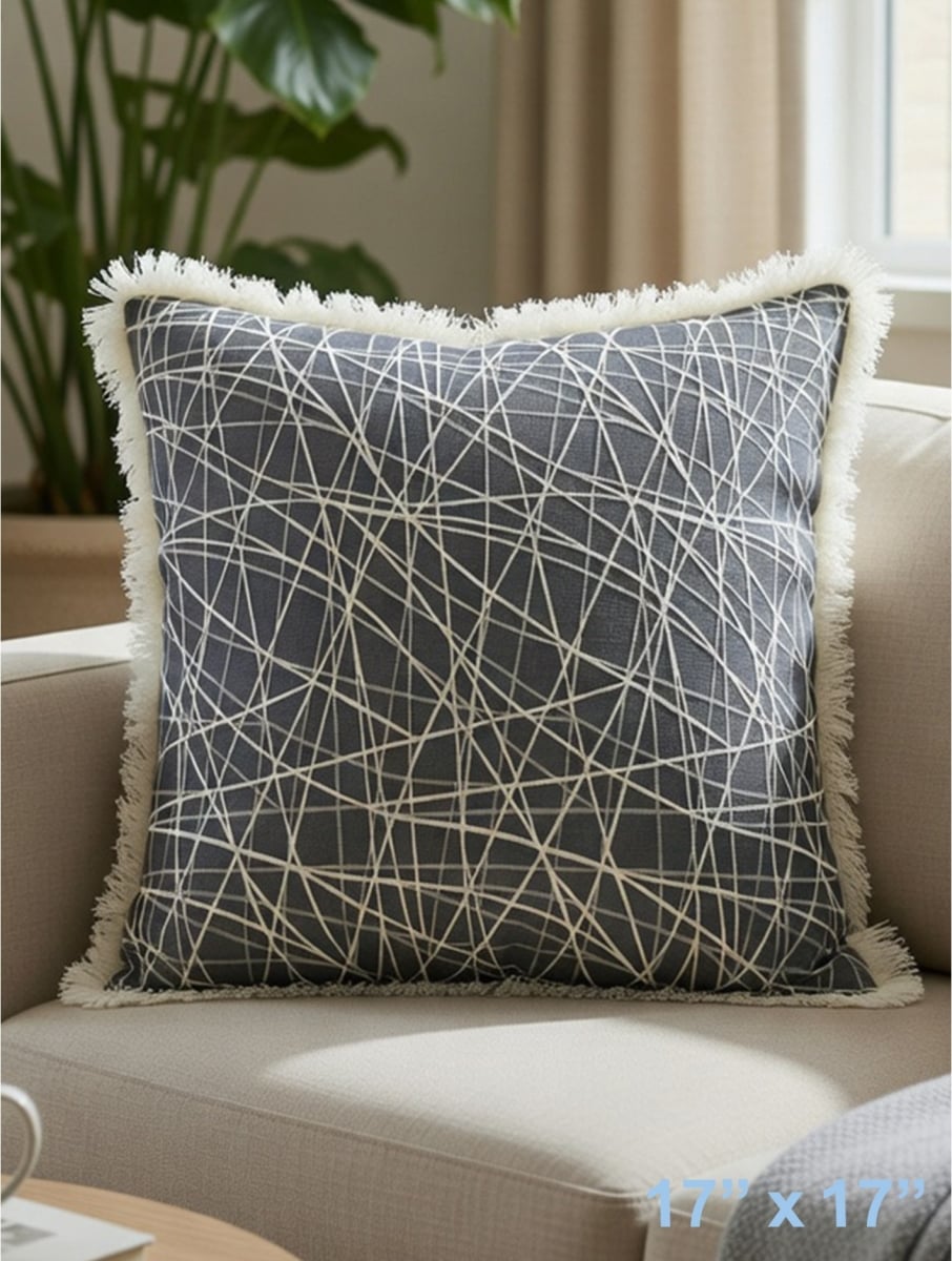 GC-CF075-100GRY Gray With White Lines And Fringe Pillow