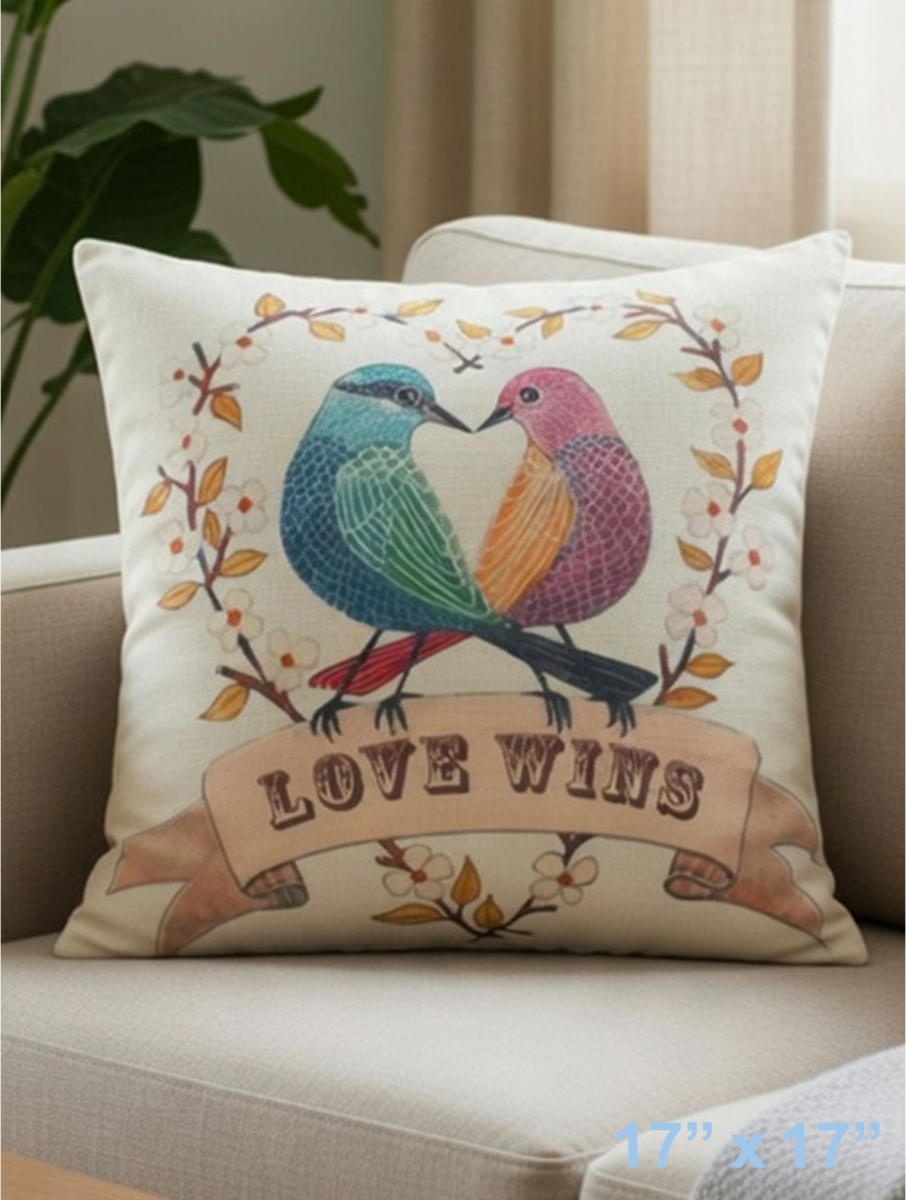 GC-CF1033-02 Love Wins-Lovebirds In A Leaf Wreath Pillow