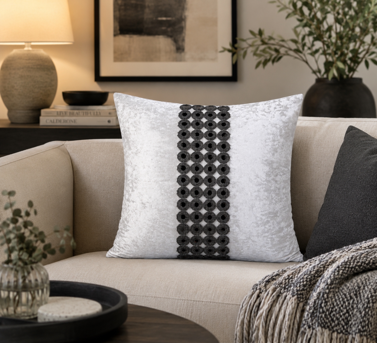 GC-CF1006-03 White Velvet With Silver Buttons Pillow