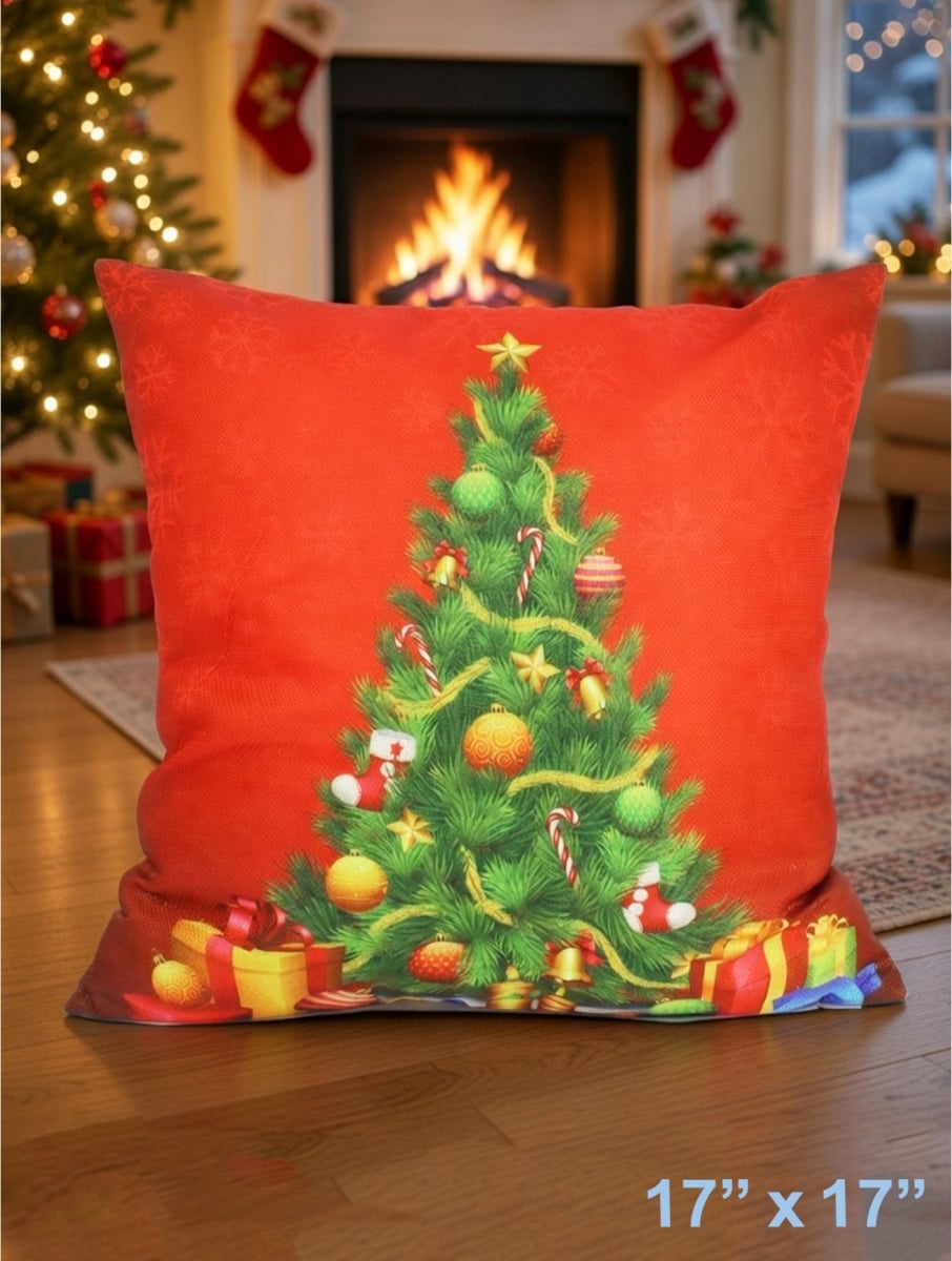 GC-CF1064-03 Christmas Tree Print On Red Pillow