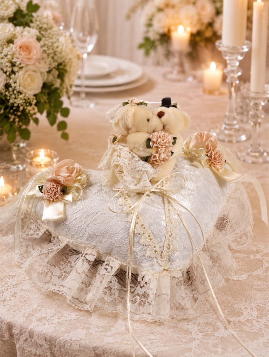 GC-CF050 Lace Covered Heart Shape With Hugging Bears Wedding Pillow