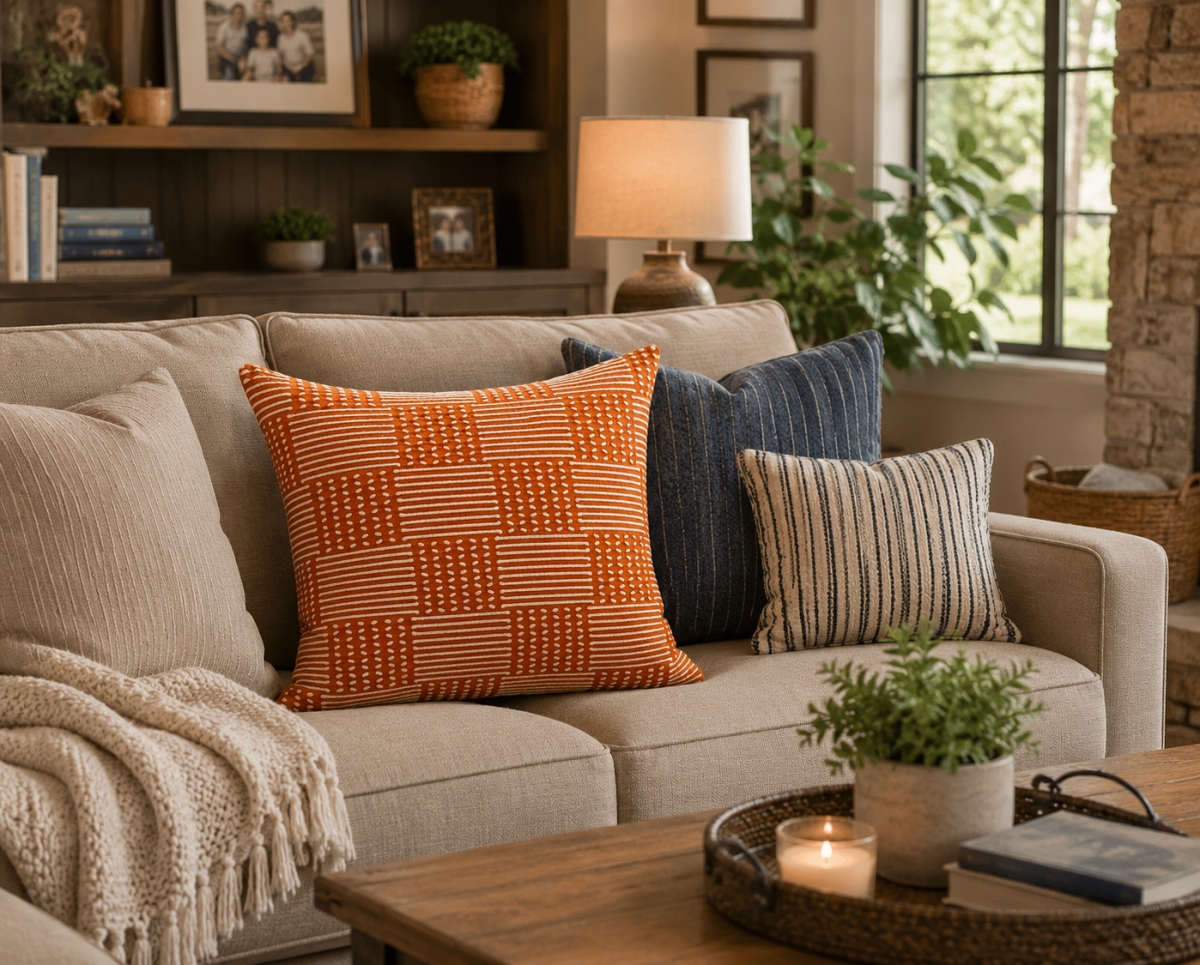 GC-CF075-8 BRN Check Pattern With Lines And X'S Pillow