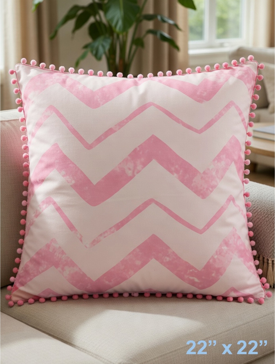 GC-CF1070L-05 Pink Chevrons With Pom Pom Edges Pillow