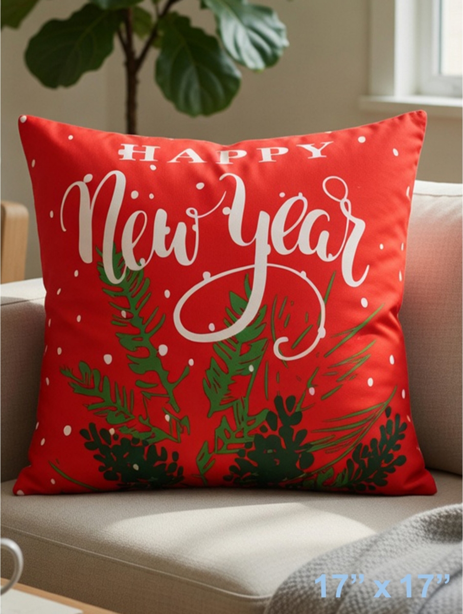 GC-CF1077-07 Happy   Year Text With Greenery On Red Pillow