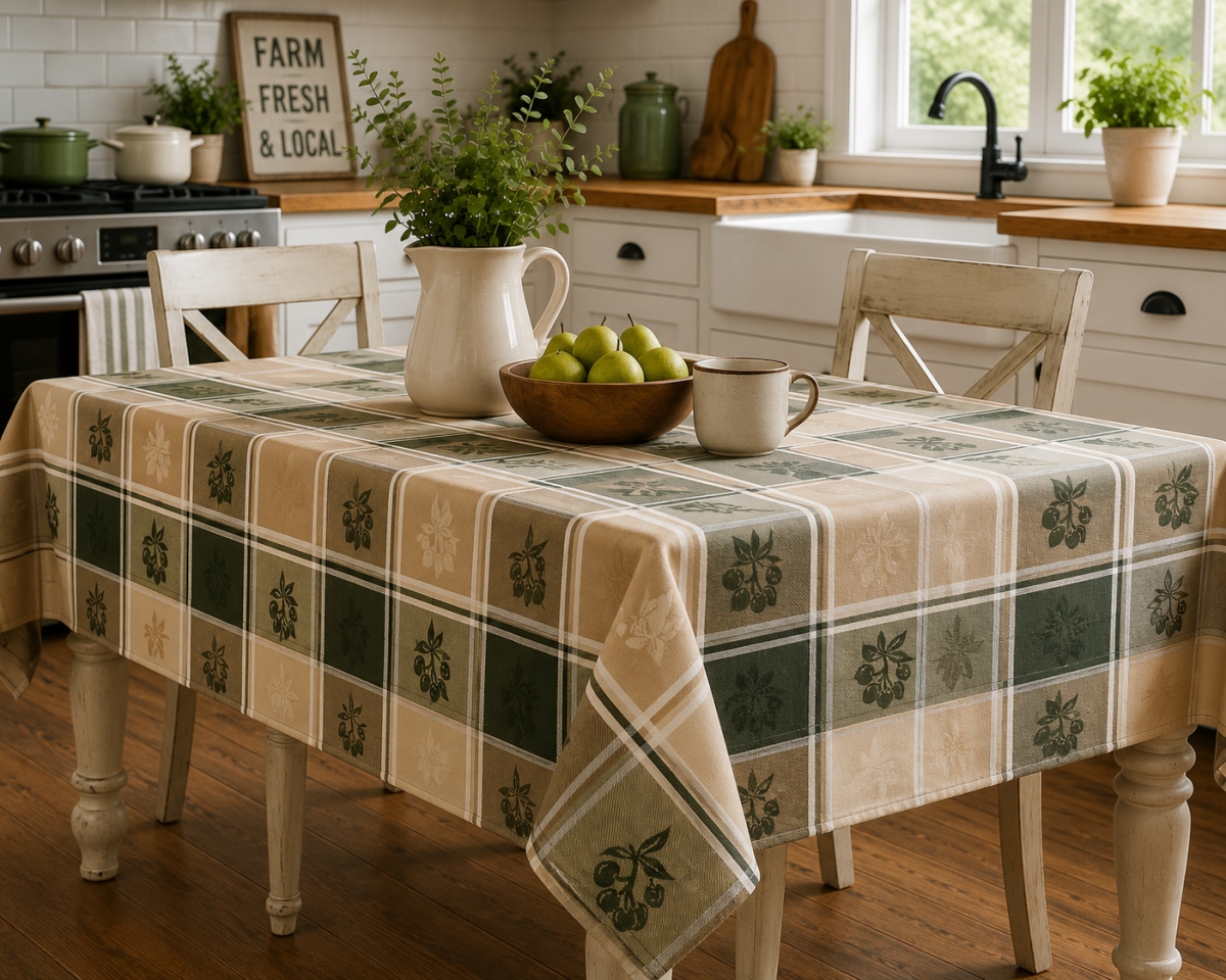 AG-23378_60x86 60'x86' Rect. Olive Green Cherries And Pears Tablecloth
