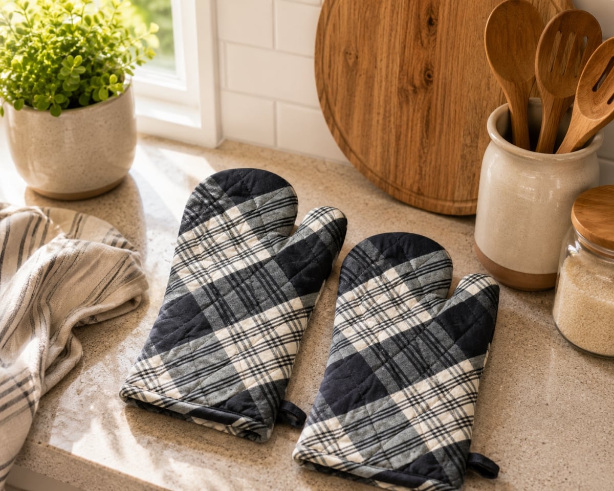 AG-38275 Set Of 2 Stone Grey Plaid Oven Mitts