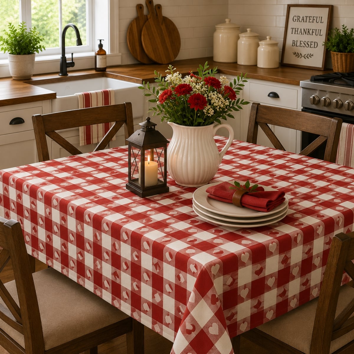 AG-23358 Red And White Hearts And Checks Tablecloth