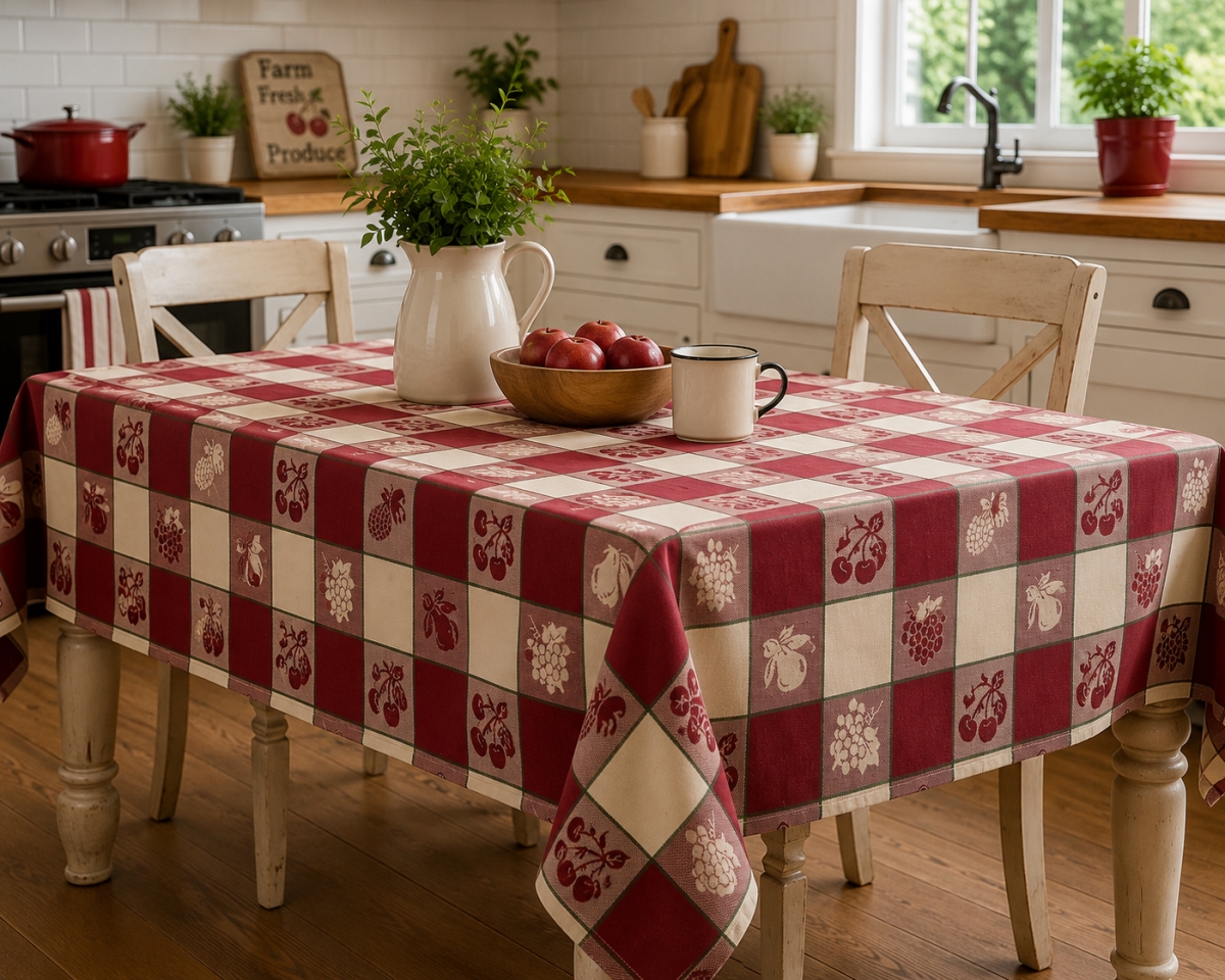 AG-23363 Pears And Cherries On Check Pattern Tablecloth
