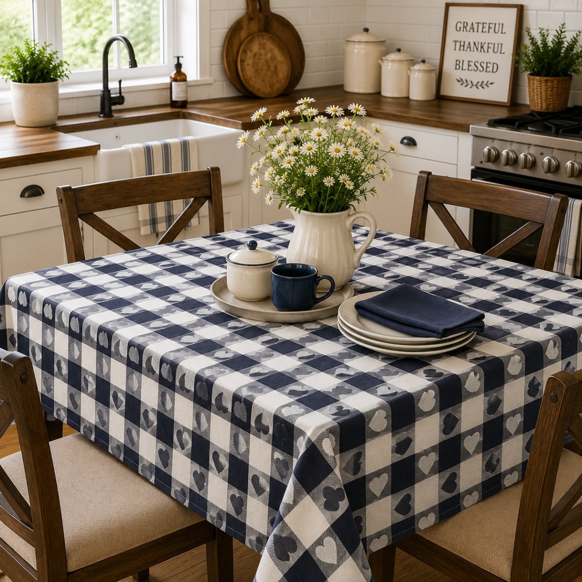 AG-23354 Blue And White Hearts And Checks Tablecloth