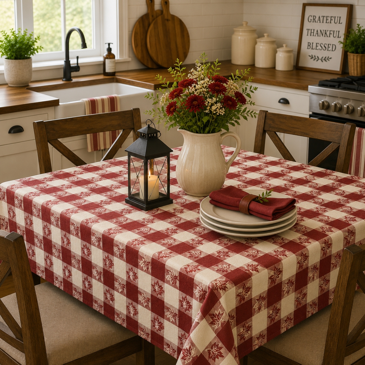 AG-23360 Leaves On Check Pattern Tablecloth
