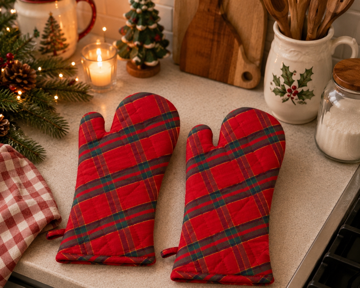 AG-38242 Set Of 2 Belvedere Red Lurex Check Pattern Oven Mitts